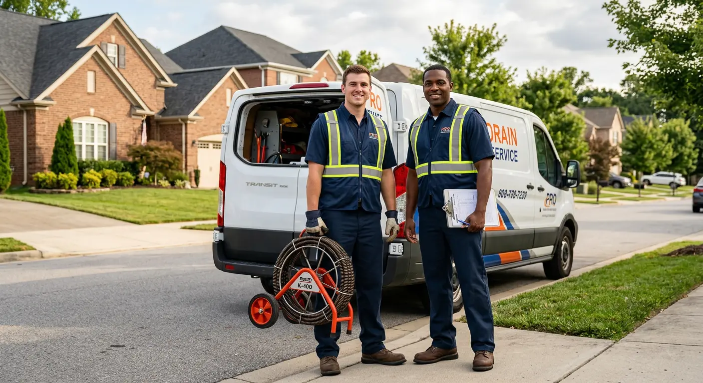Sewer and drain service team with equipment ready for work in East Troy
