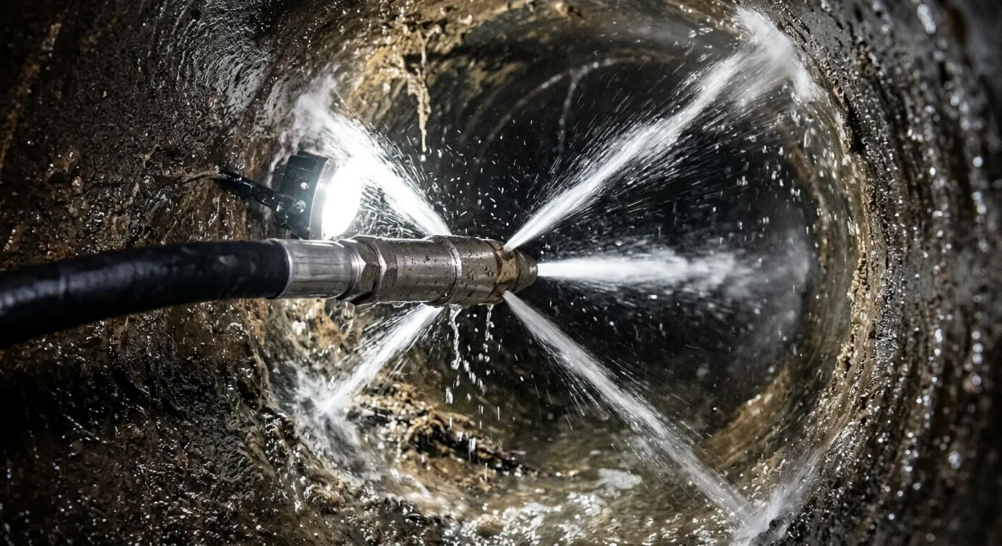 High-pressure hydro jetting nozzle cleaning sewer pipe for Trenchless Sewer Repair in East Troy