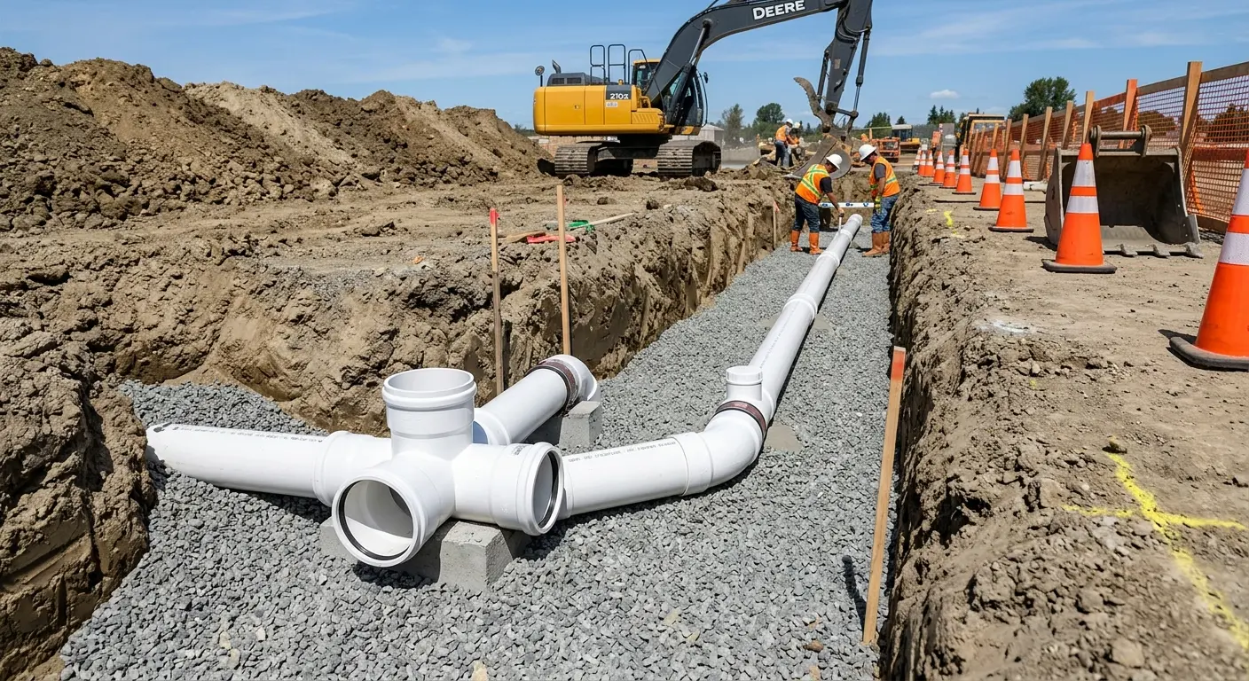 New PVC sewer pipe installation in open trench for Grease Trap Cleaning in East Troy