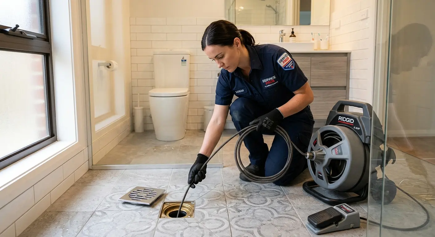 Technician clearing a bathroom floor drain for Sewer Line Installation in East Troy
